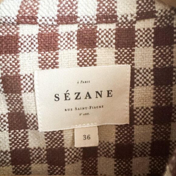 Sezane Check Print Long Sleeve Cropped Linen Blend Shirt 36/S - Picture 5 of 6